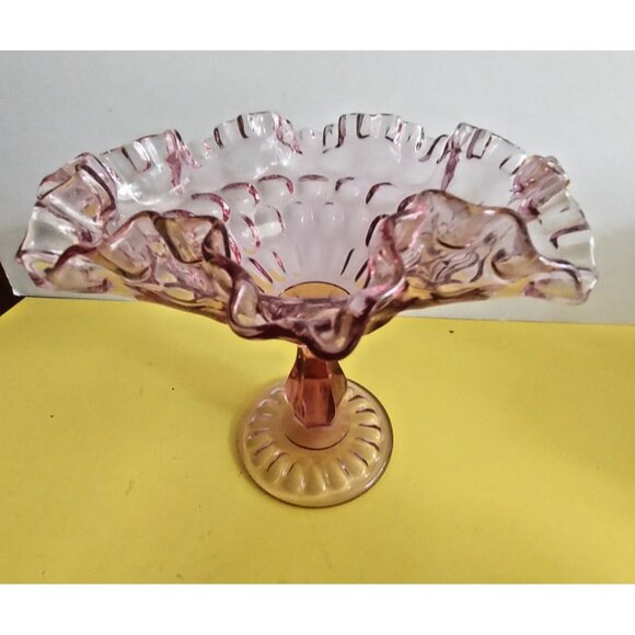 Fenton Peach Pink Glass Footed Bowl Double Ruffled Rim. 7" Tall 8" wide - Picture 4 of 15